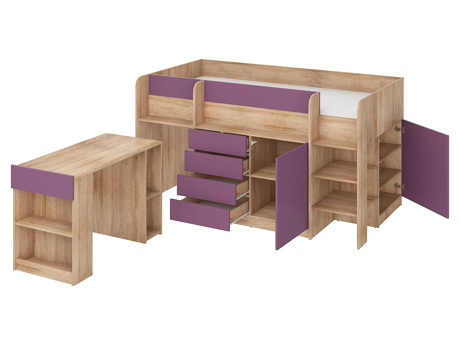 Cama semi-alta SMILE P 90 x 200 cm carvalho sonoma e violeta com secretária extraível