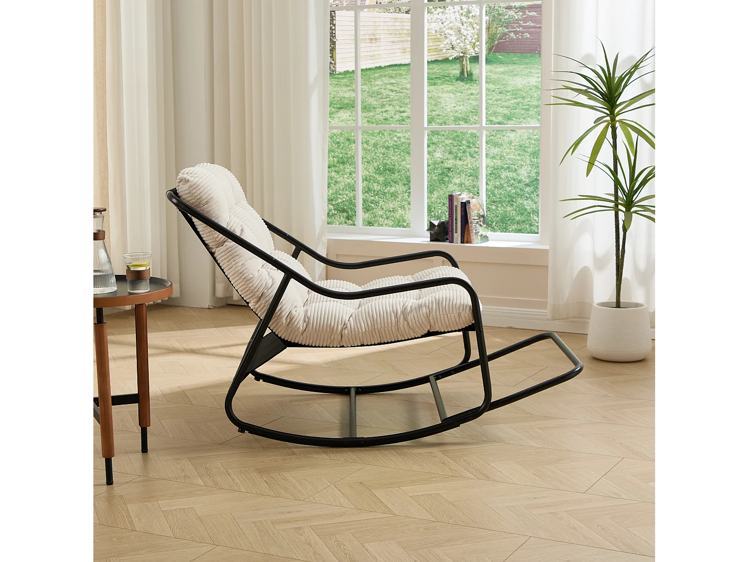 Chaise à Bascule d'Extérieur avec Repose-Pieds et Coussin Epais pour l'Assise, Structure en Acier et Corde de Sécurité