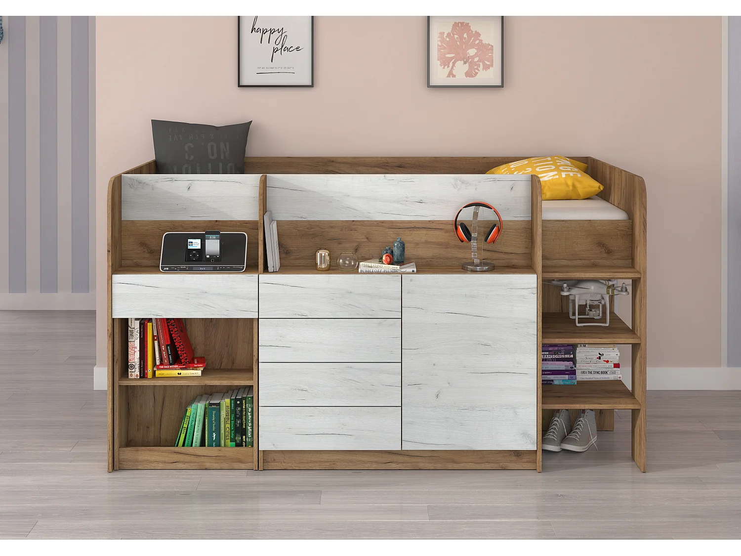 Cama semi-alta SMILE P 90 x 200 cm carvalho Craft dourado e Craft branco com secretária extraível