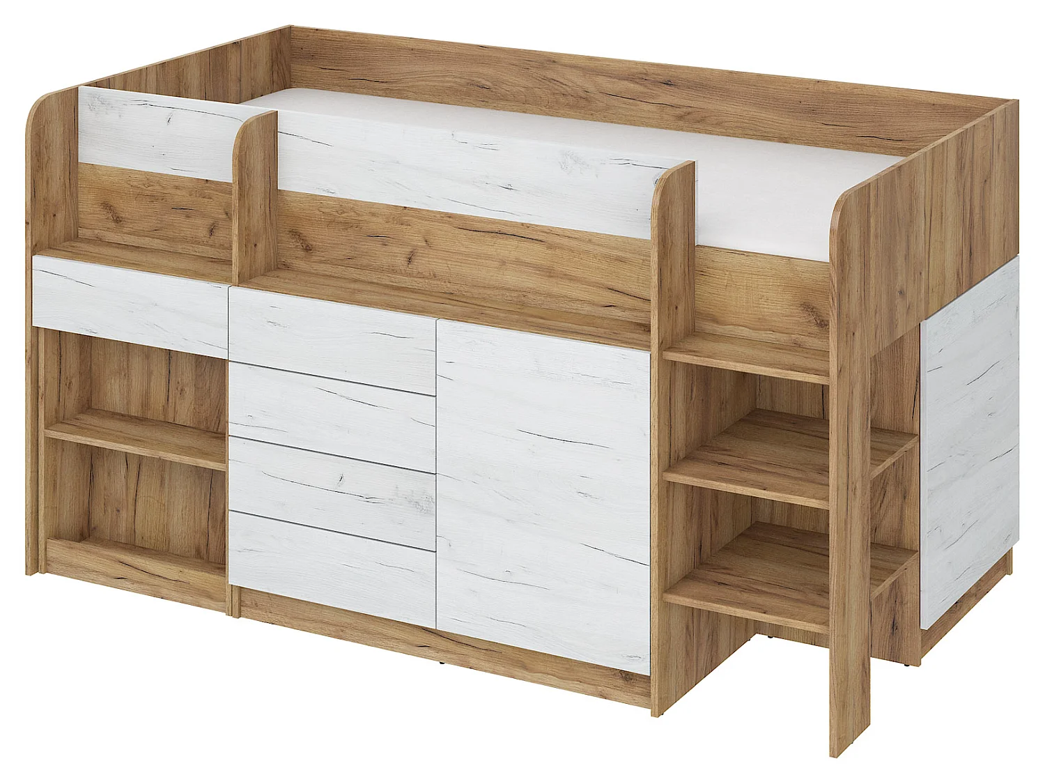 Cama semi-alta SMILE P 90 x 200 cm carvalho Craft dourado e Craft branco com secretária extraível