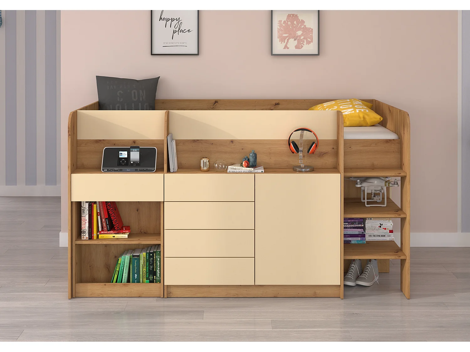 Cama semi-alta SMILE P 90 x 200 cm carvalho artisan e creme com secretária extraível