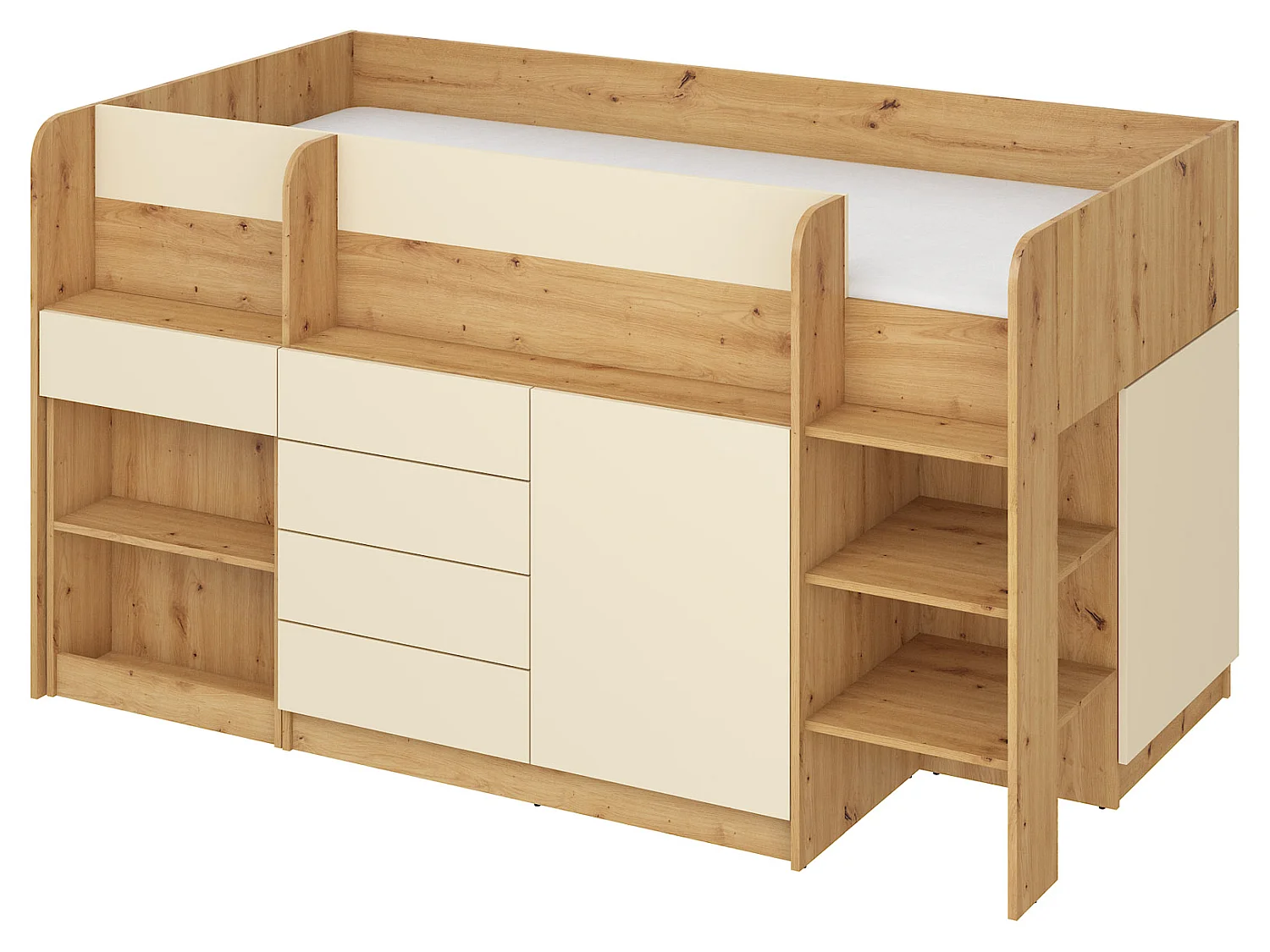 Cama semi-alta SMILE P 90 x 200 cm carvalho artisan e creme com secretária extraível