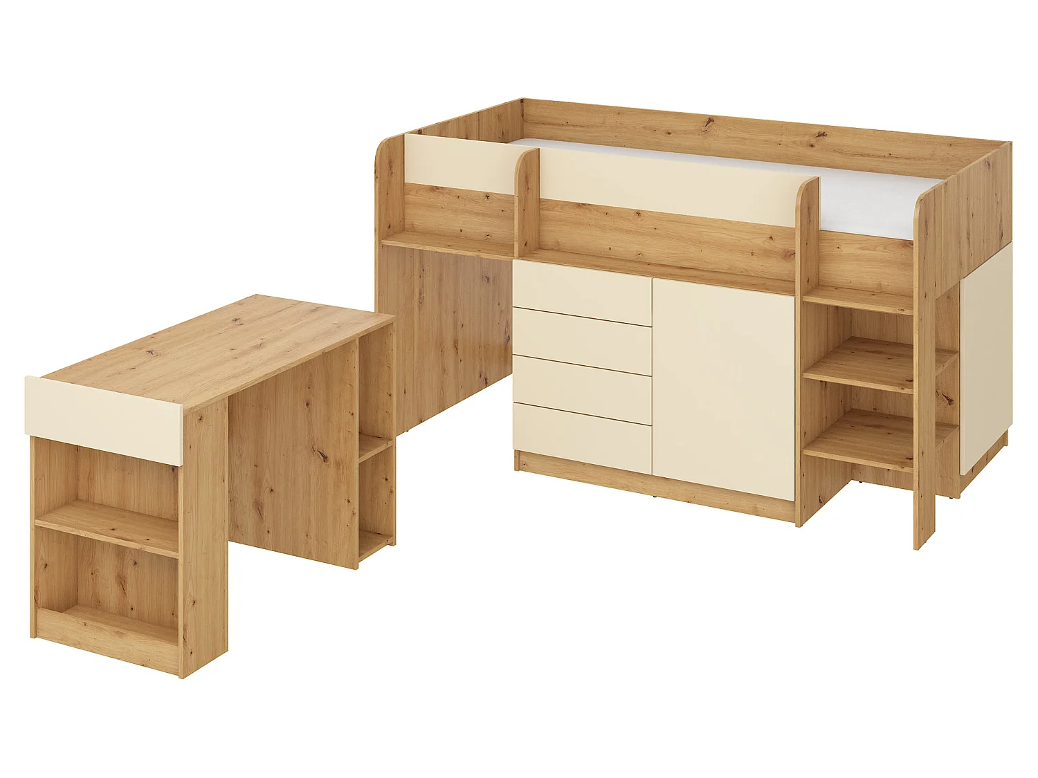 Cama semi-alta SMILE P 90 x 200 cm carvalho artisan e creme com secretária extraível