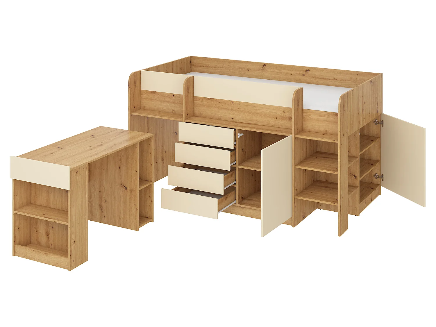 Cama semi-alta SMILE P 90 x 200 cm carvalho artisan e creme com secretária extraível