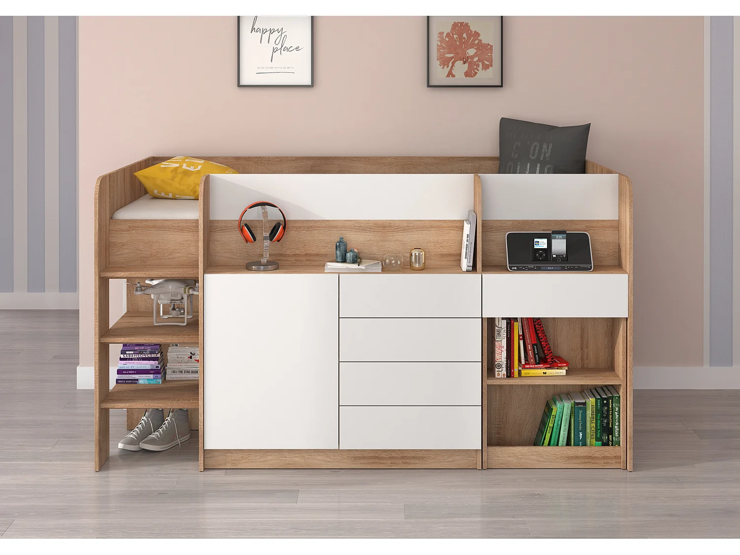 Cama semi-alta SMILE L 90 x 200 cm carvalho sonoma e branco com secretária extraível