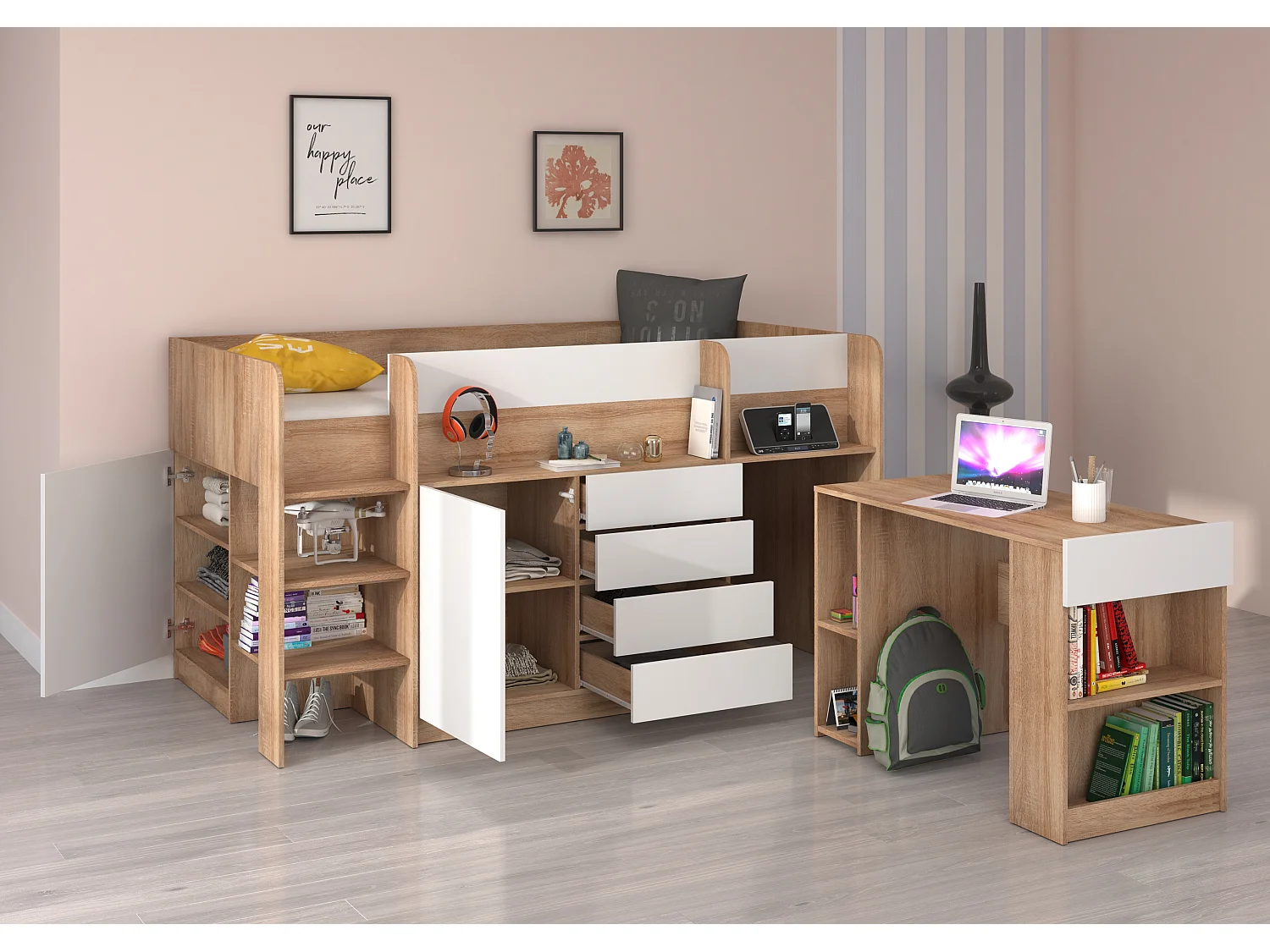Cama semi-alta SMILE L 90 x 200 cm carvalho sonoma e branco com secretária extraível