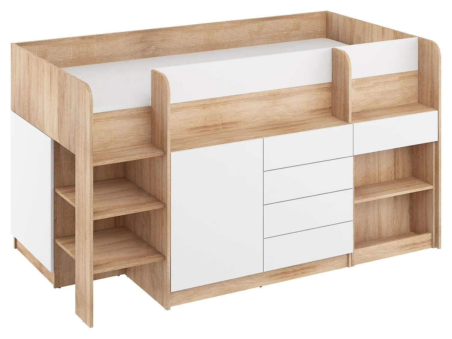 Cama semi-alta SMILE L 90 x 200 cm carvalho sonoma e branco com secretária extraível