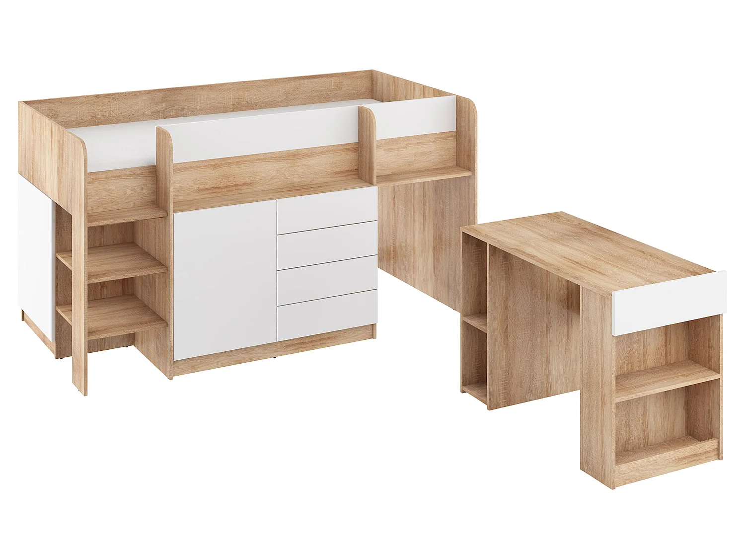 Cama semi-alta SMILE L 90 x 200 cm carvalho sonoma e branco com secretária extraível