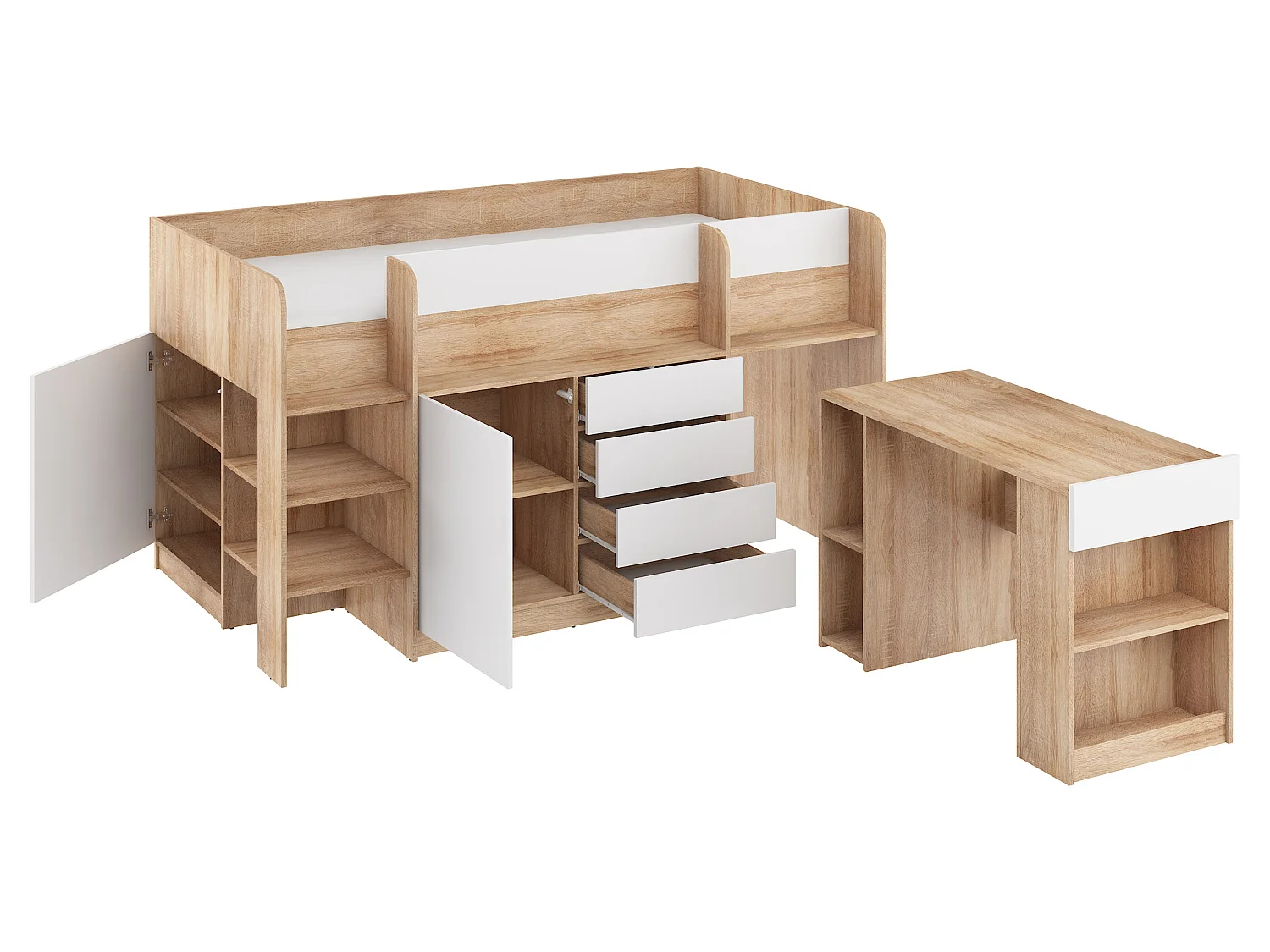 Cama semi-alta SMILE L 90 x 200 cm carvalho sonoma e branco com secretária extraível