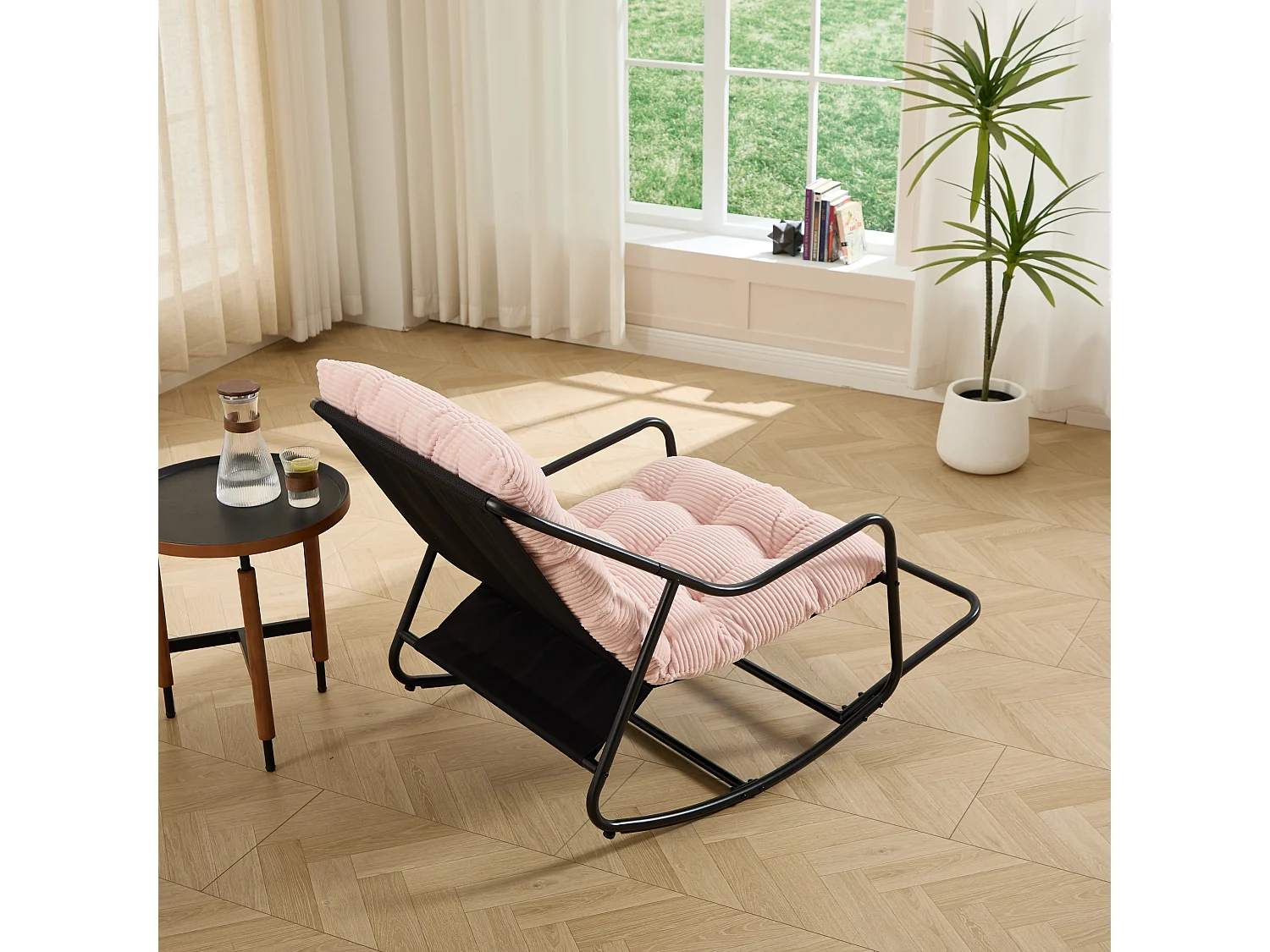 Fauteuil à Bascule d'Extérieur avec Repose-Pieds et Coussin Epais pour l'Assise, Structure en Acier et Corde de Sécurité