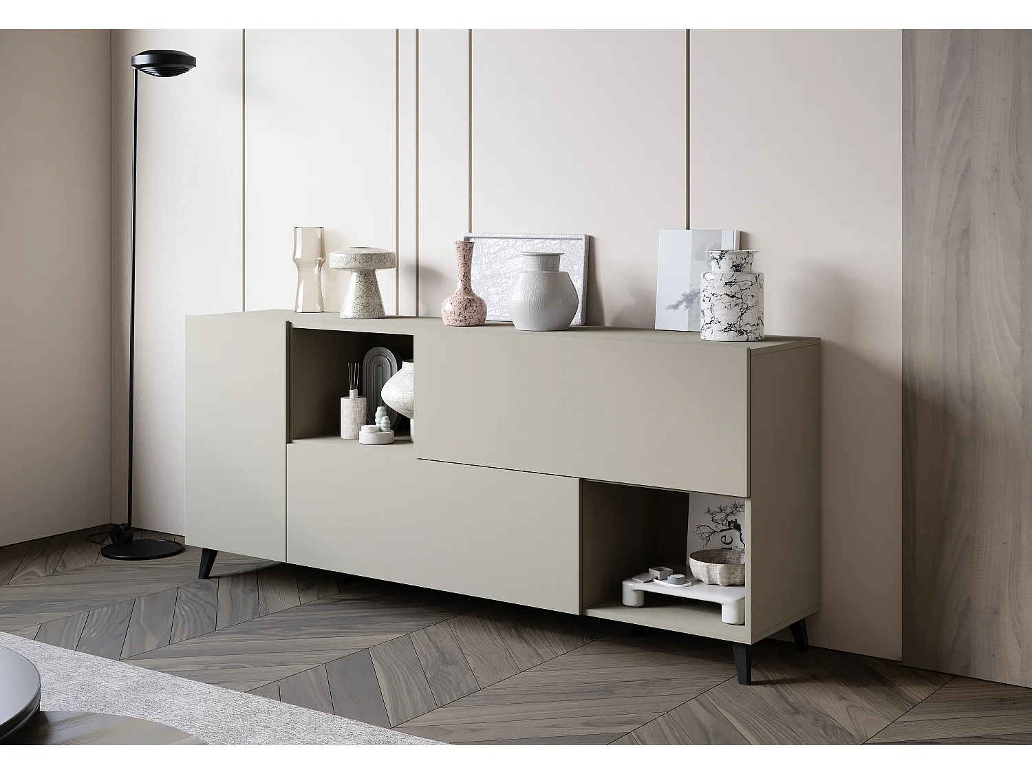 Breite Kommode 180 cm mit offenem Fach, Kaschmir matt