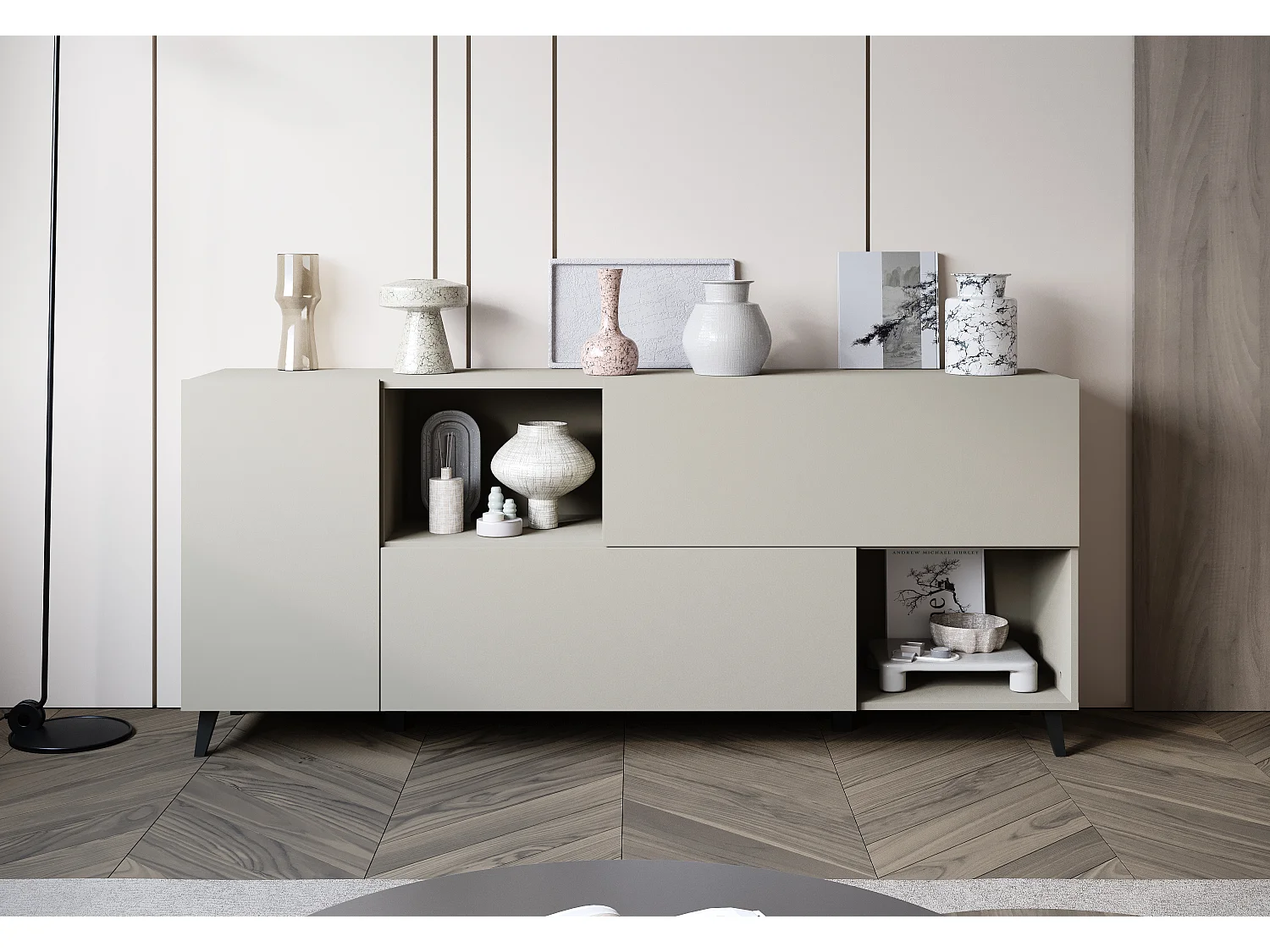 Breite Kommode 180 cm mit offenem Fach, Kaschmir matt