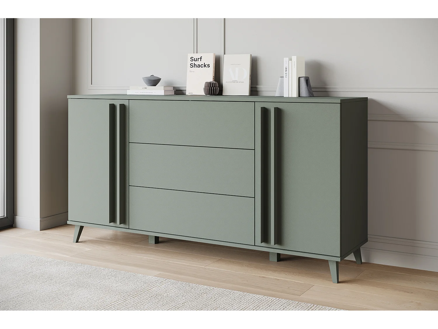 Commode 150 cm sur pieds pour salon avec tiroirs et placards, vert brume
