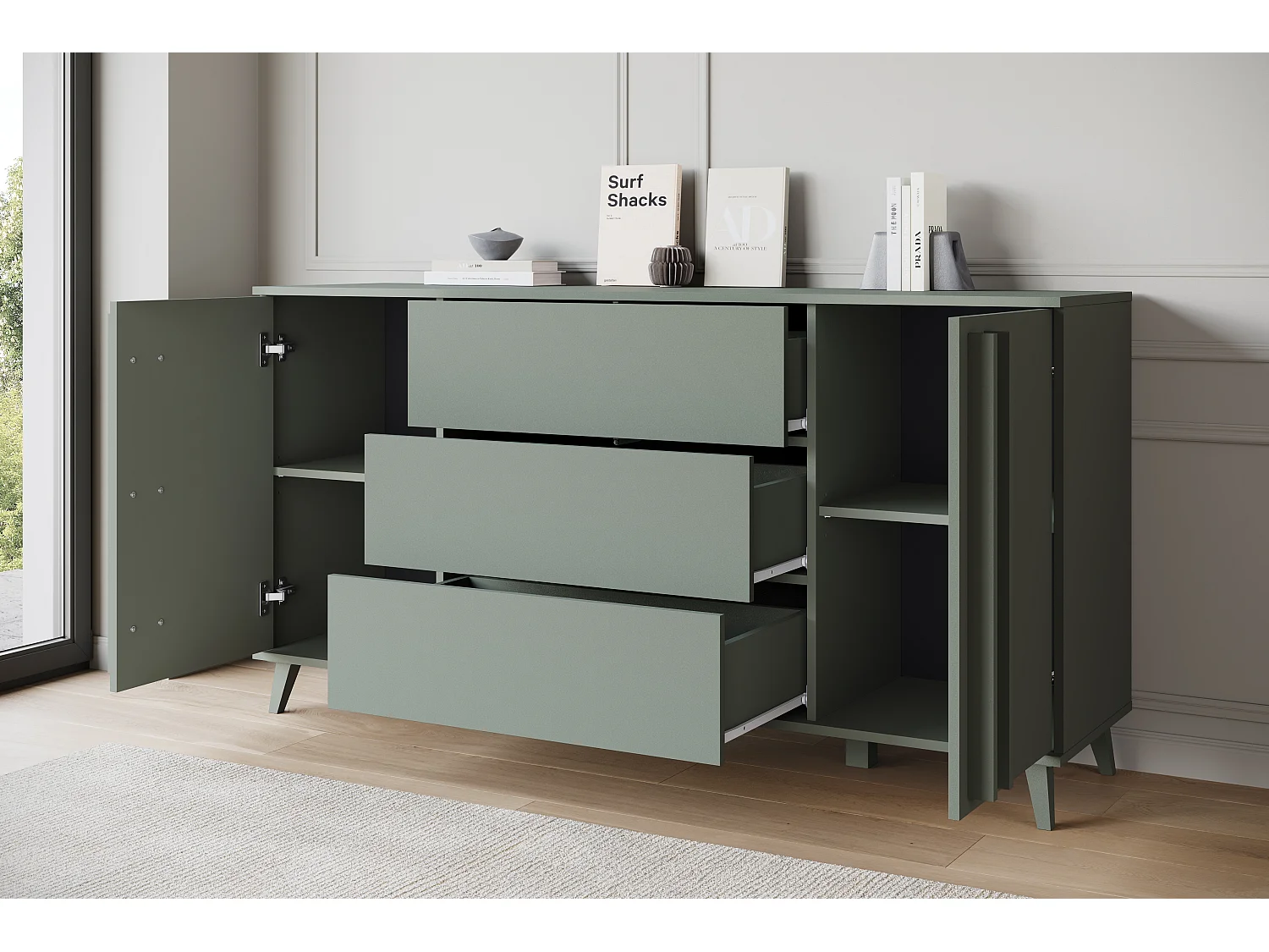 Commode 150 cm sur pieds pour salon avec tiroirs et placards, vert brume