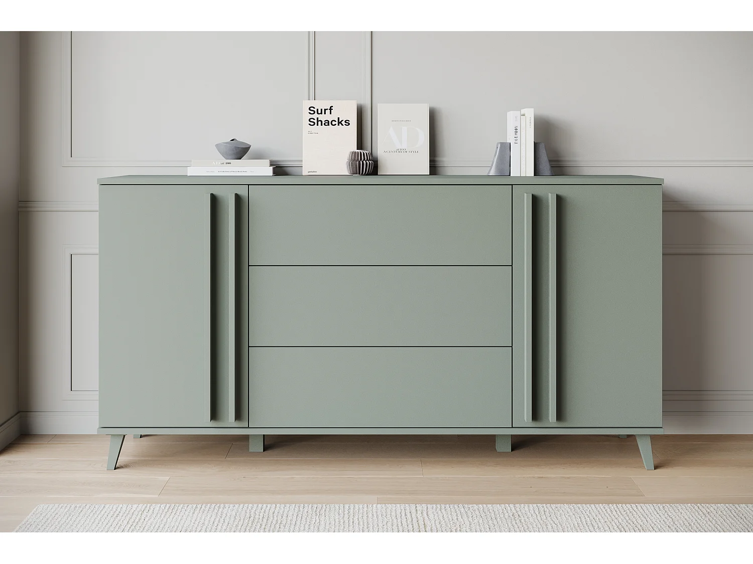 Commode 150 cm sur pieds pour salon avec tiroirs et placards, vert brume