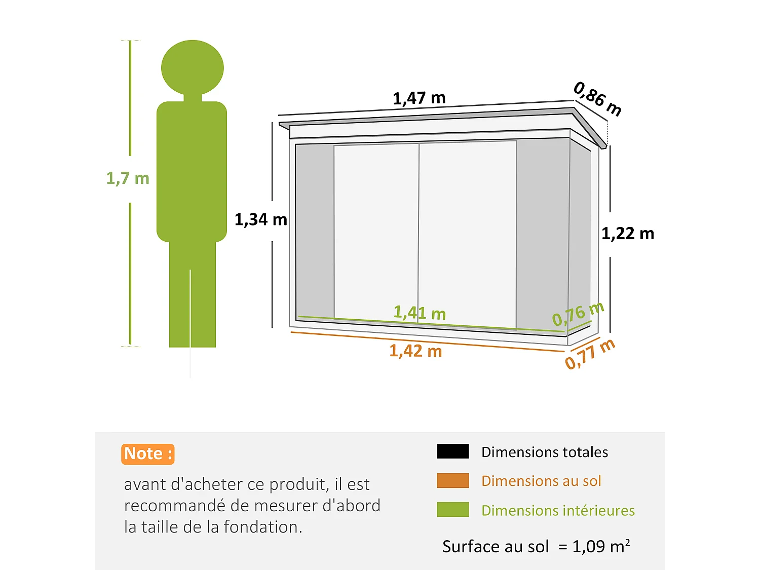 Abri de jardin 1,09 m² - 2 portes verrouillables - tôle d'acier gris clair