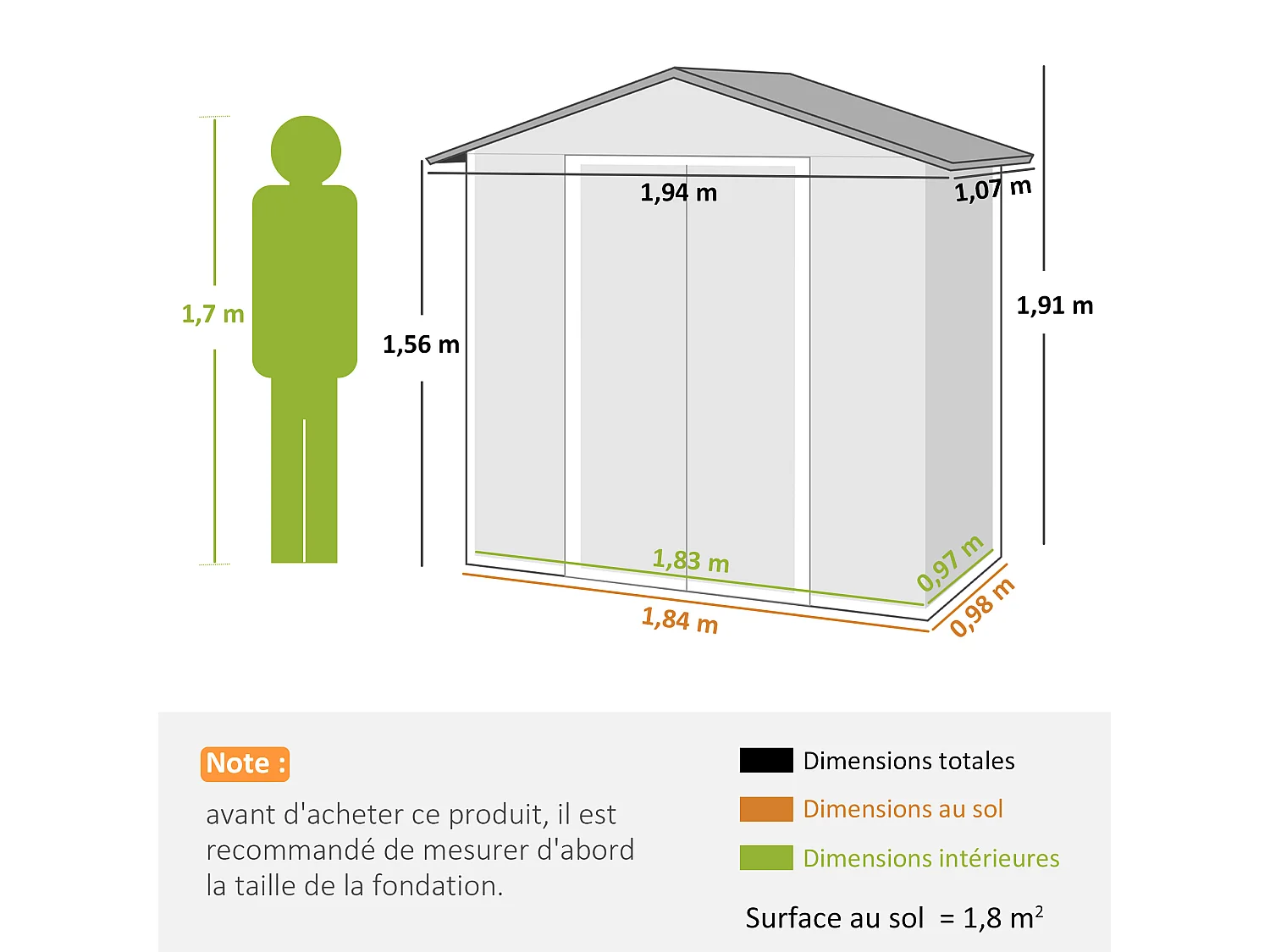 Abri de jardin 1,8 m² - cabanon 2 portes coulissantes verrouillables - tôle d'acier ondulé gris