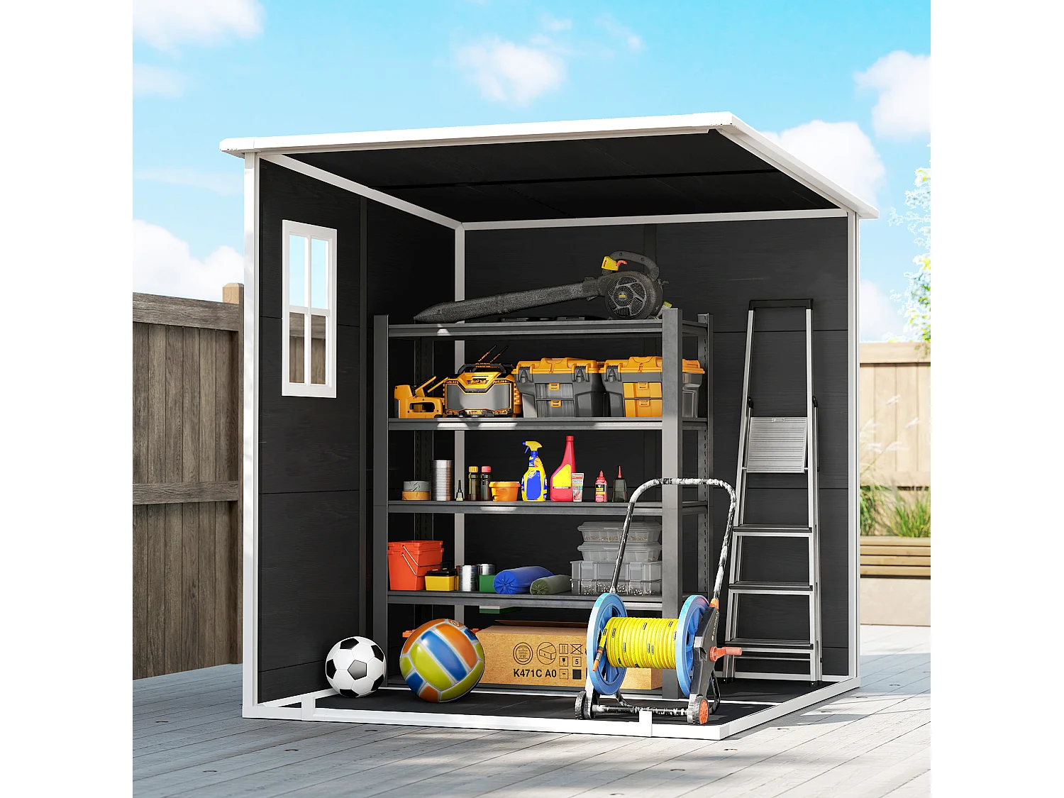 Abri de jardin 2,89 m² portes verrouillable plancher fenêtres aérations résine PP effet bois gris blanc