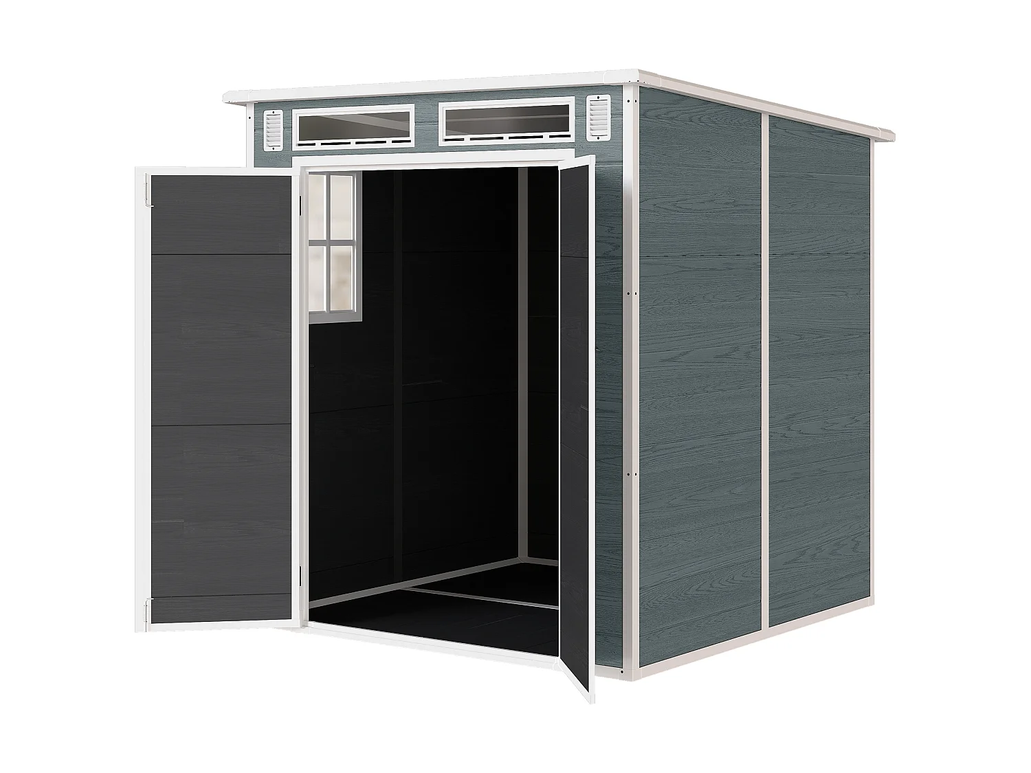 Abri de jardin 2,89 m² portes verrouillable plancher fenêtres aérations résine PP effet bois gris blanc