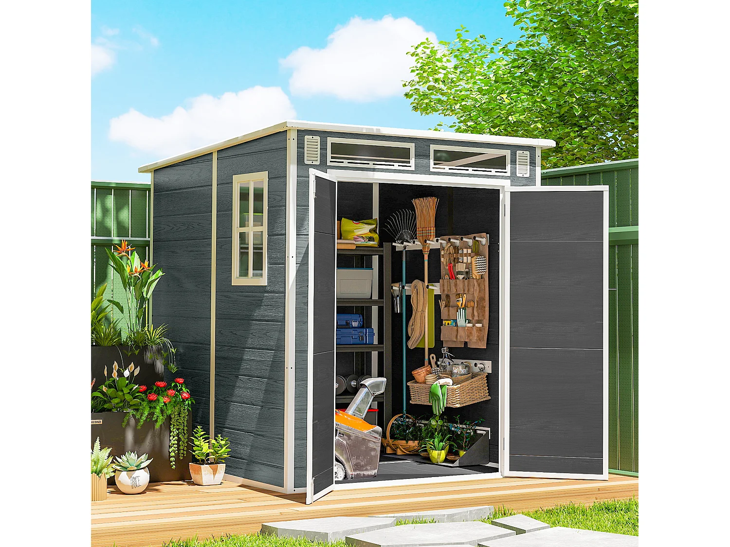 Abri de jardin 2,89 m² portes verrouillable plancher fenêtres aérations résine PP effet bois gris blanc