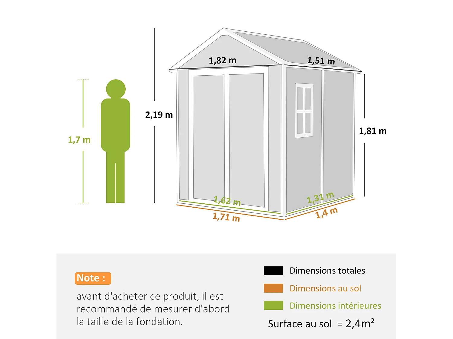 Abri de jardin surface utile 2,4m² - 182x151x219cm - fenêtre, plancher, 2 grilles ventilation - alu PP gris