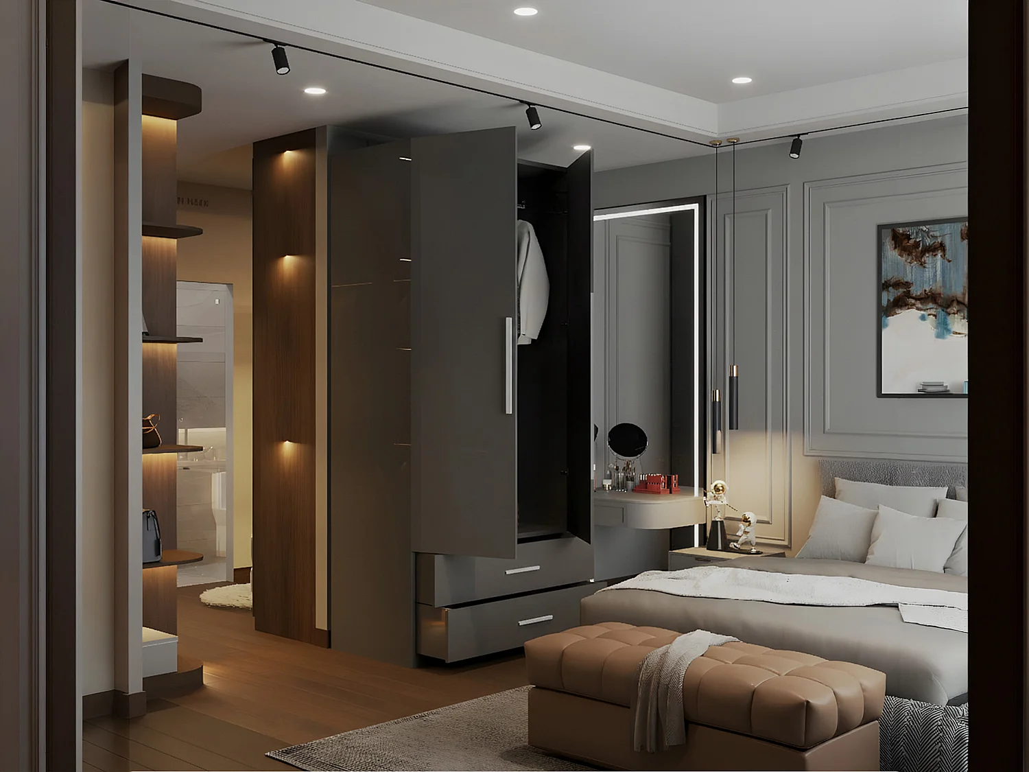 High Gloss Mirrored Wardrobe with Drawers - 80cm Grey - Valencia