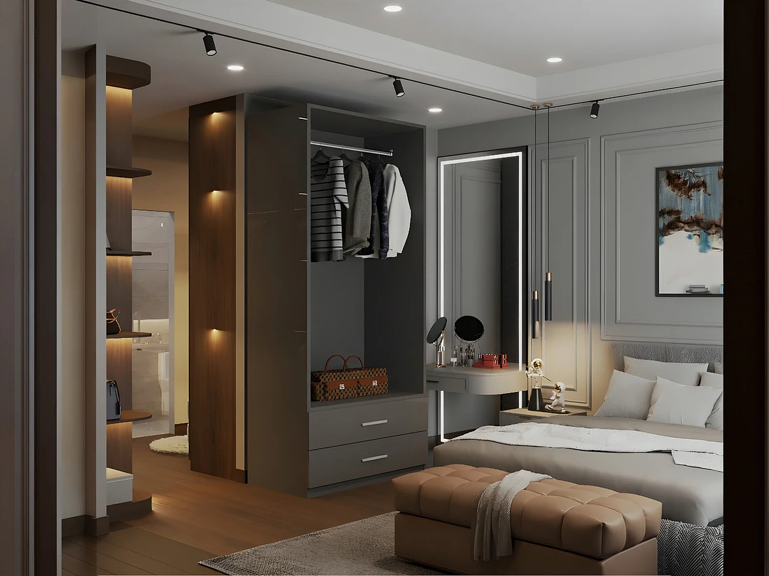 High Gloss Mirrored Wardrobe with Drawers - 80cm Grey - Valencia