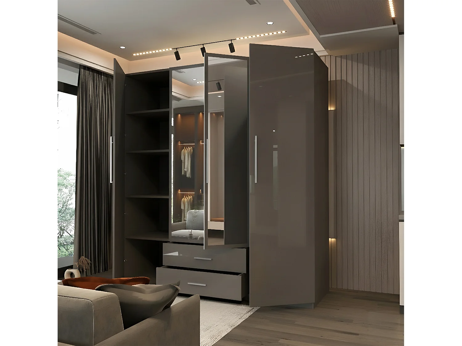 High Gloss Mirrored Wardrobe with Drawers - 120cm Grey - Valencia