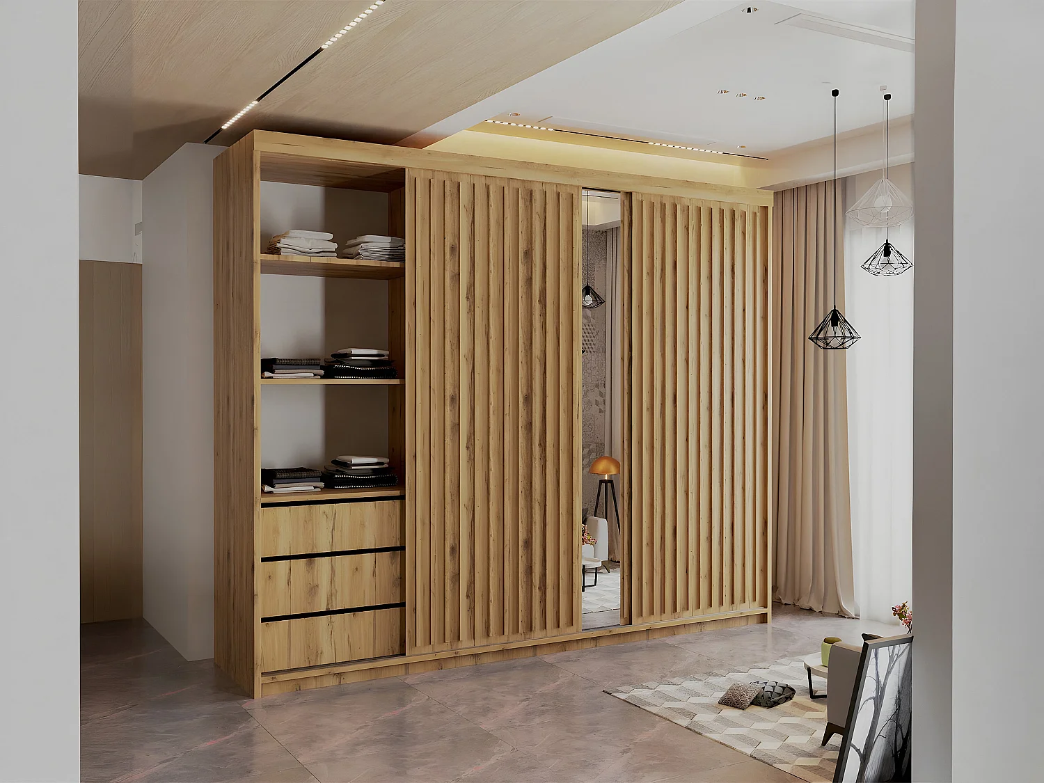 Sliding Mirrored Door Wardrobe - 250cm oak - Royal