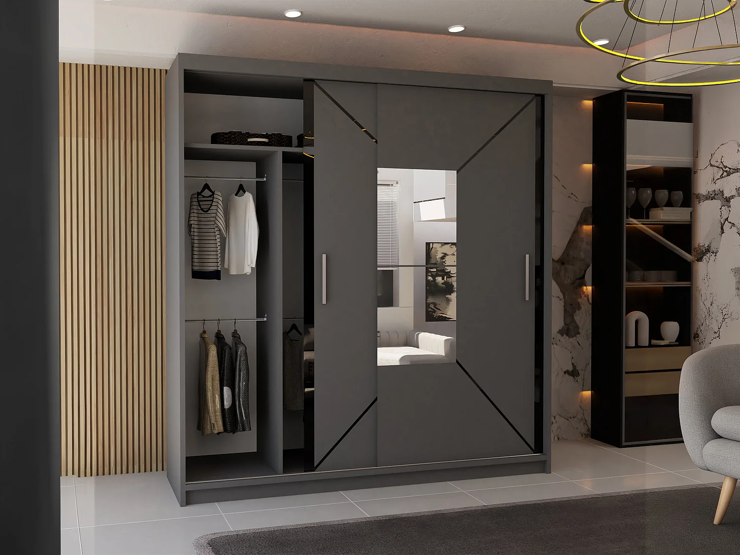 Sliding Wardrobe with Mirror Door - 203cm grey - Stylish