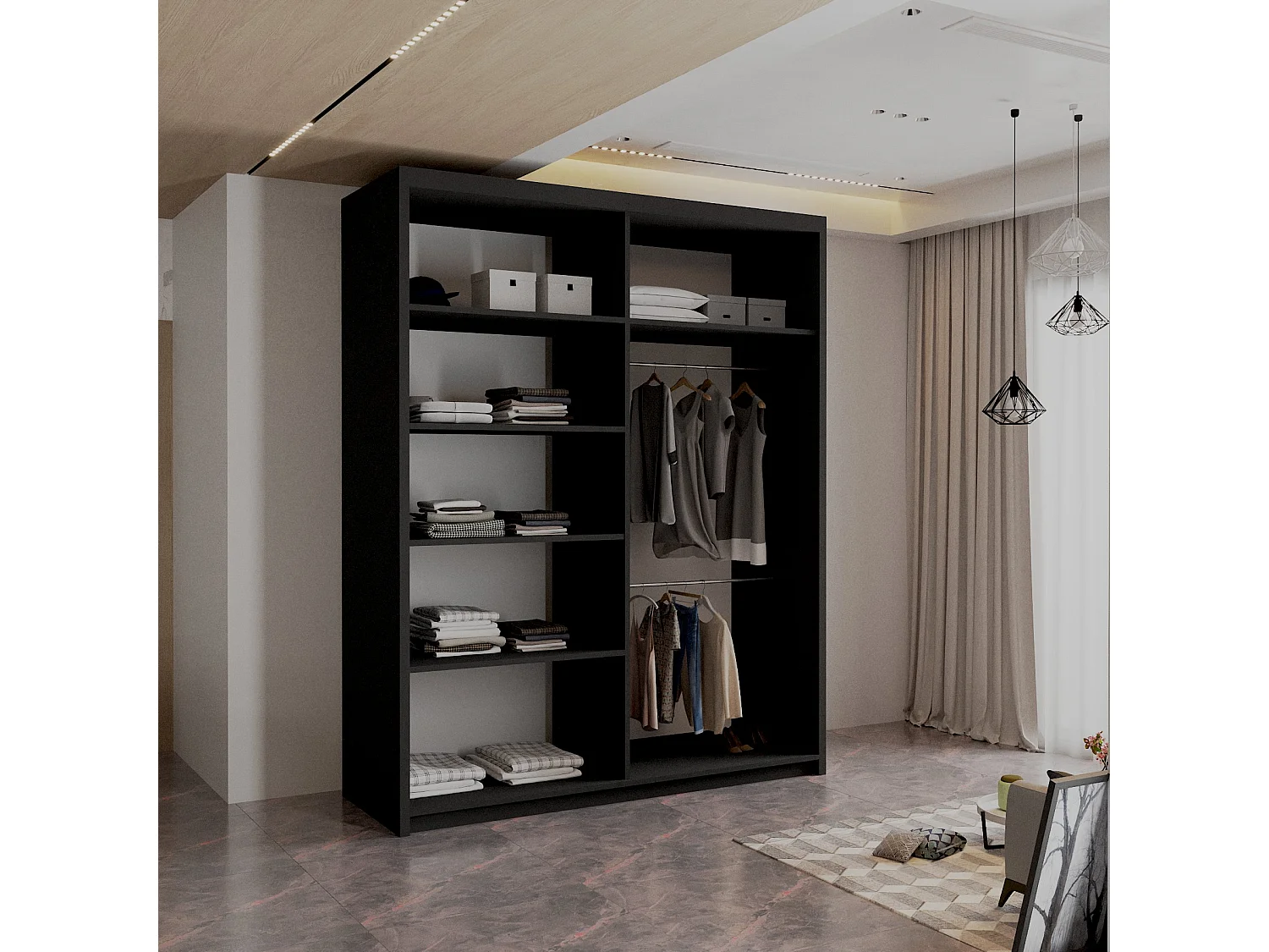Sliding Mirrored Door Wardrobe - 150cm black - Royal