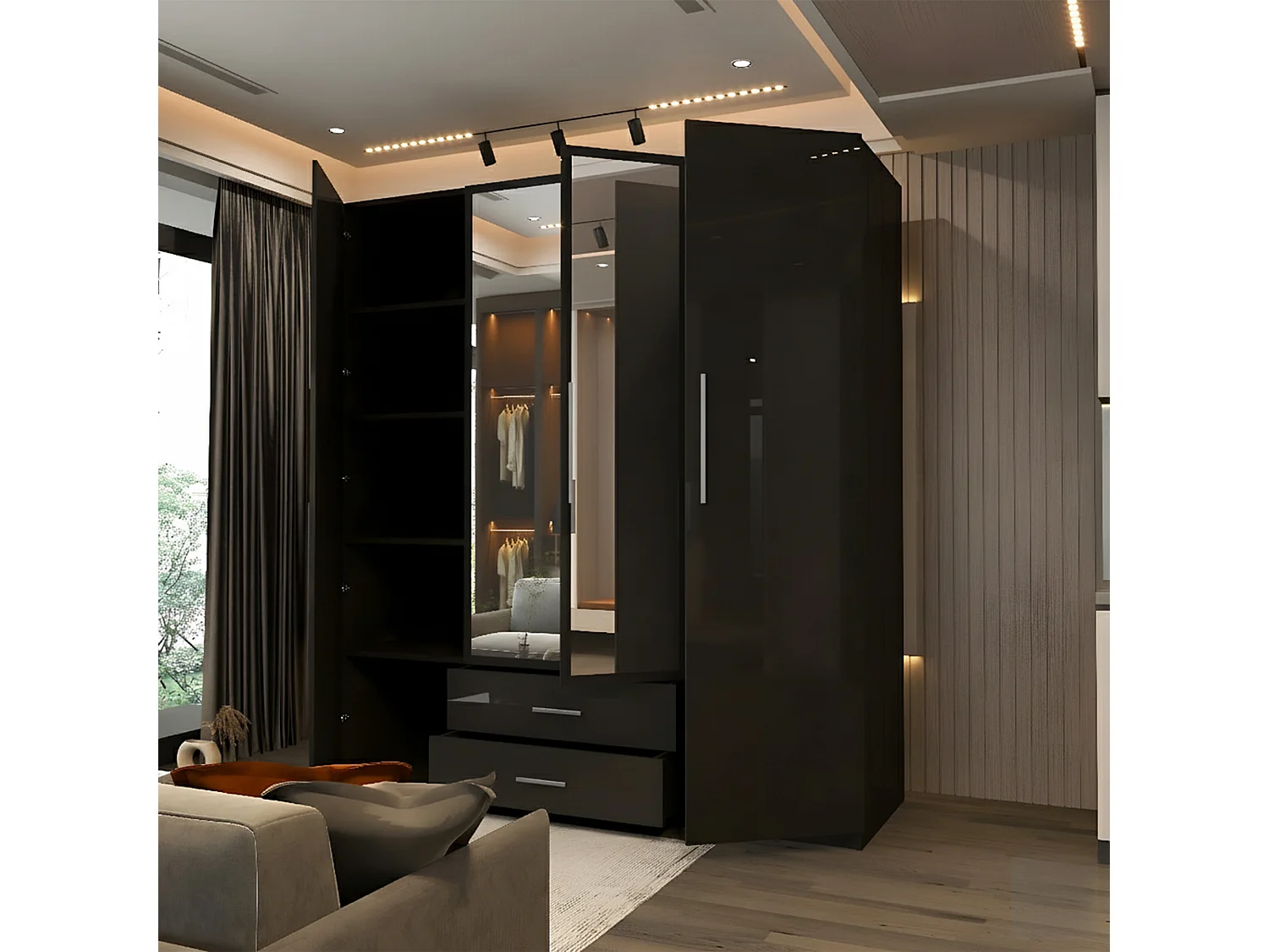 High Gloss Mirrored Wardrobe with Drawers - 120cm Black - Valencia