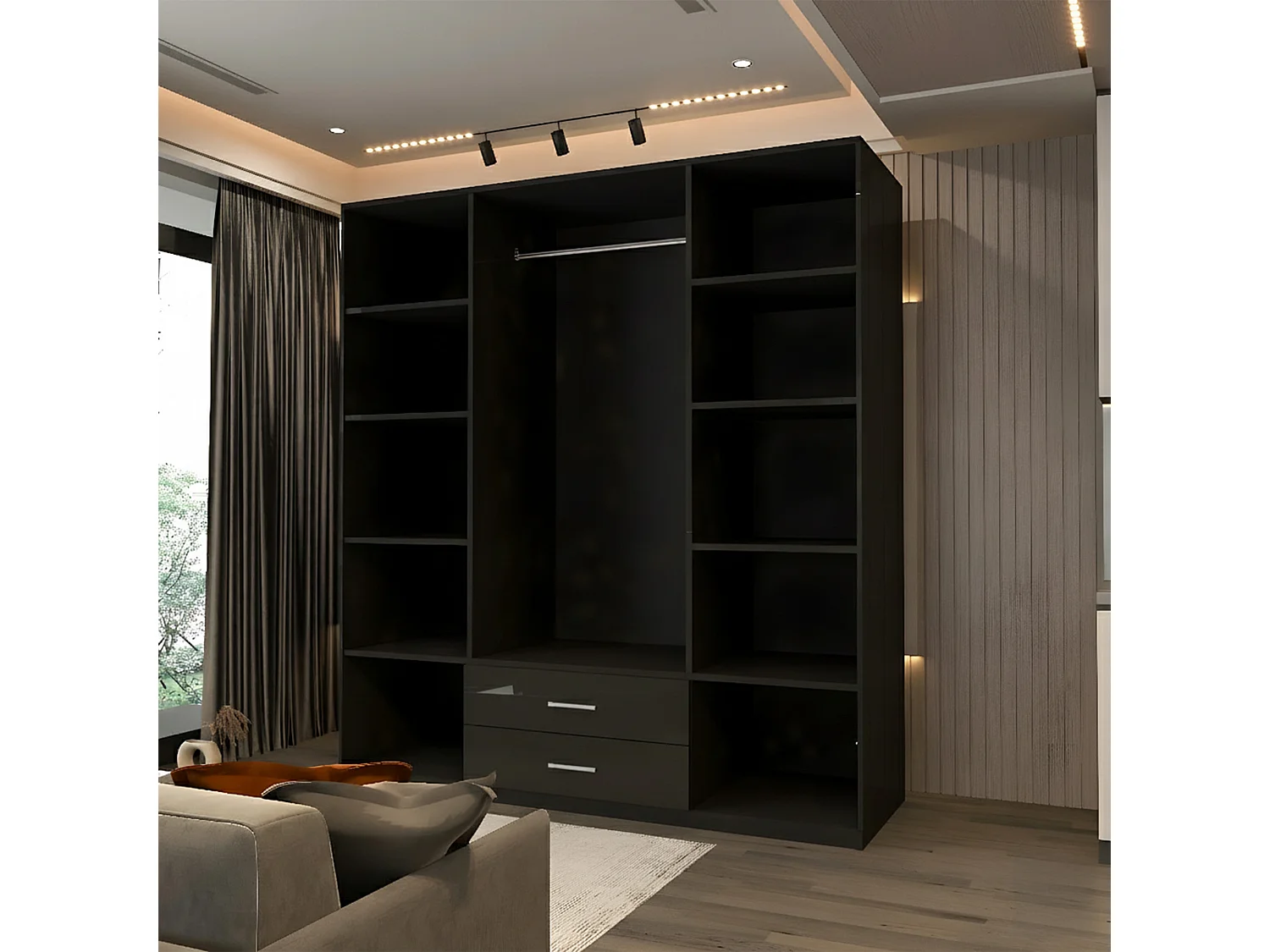 High Gloss Mirrored Wardrobe with Drawers - 120cm Black - Valencia