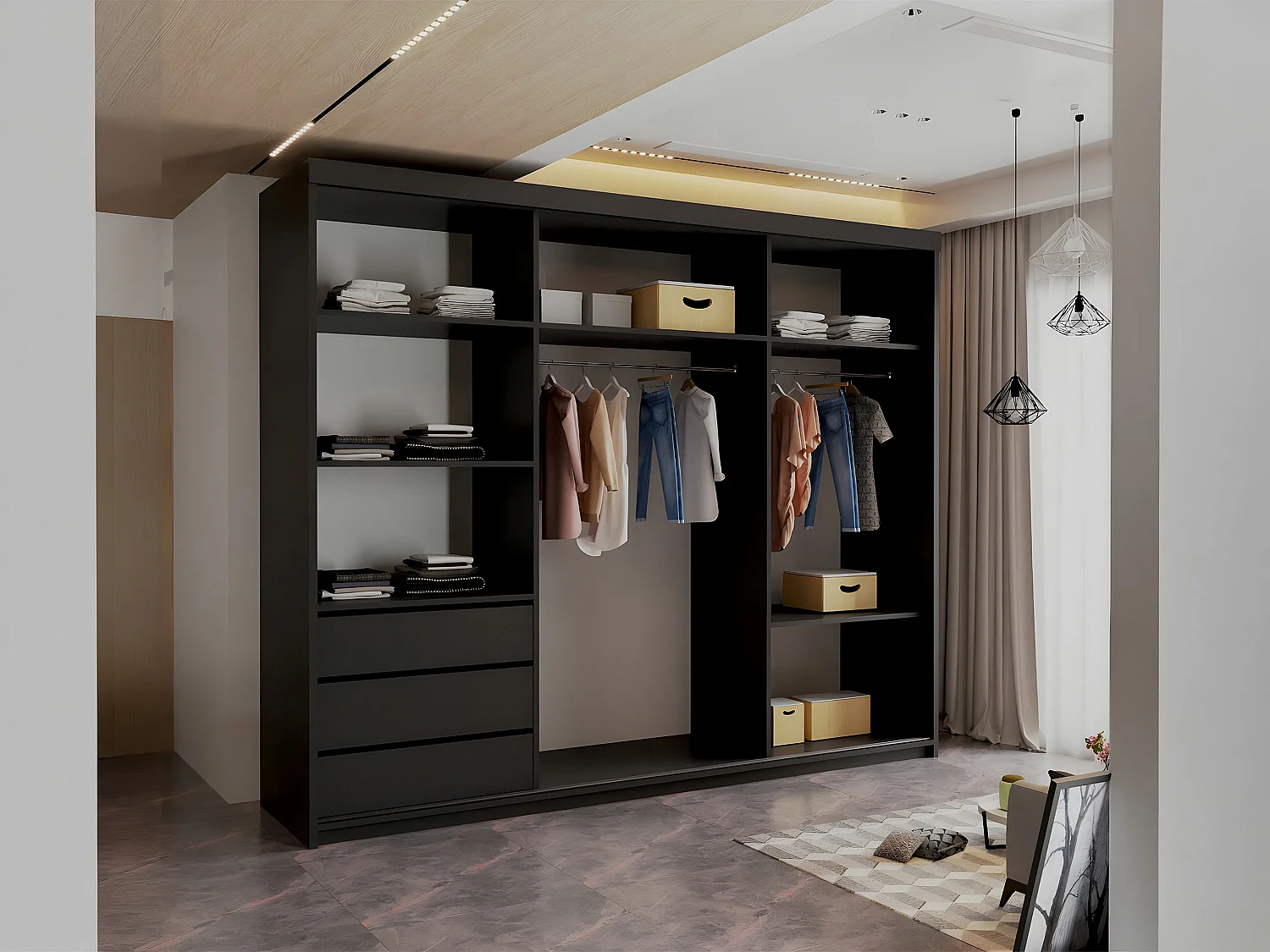 Sliding Mirrored Door Wardrobe - 250cm black - Royal