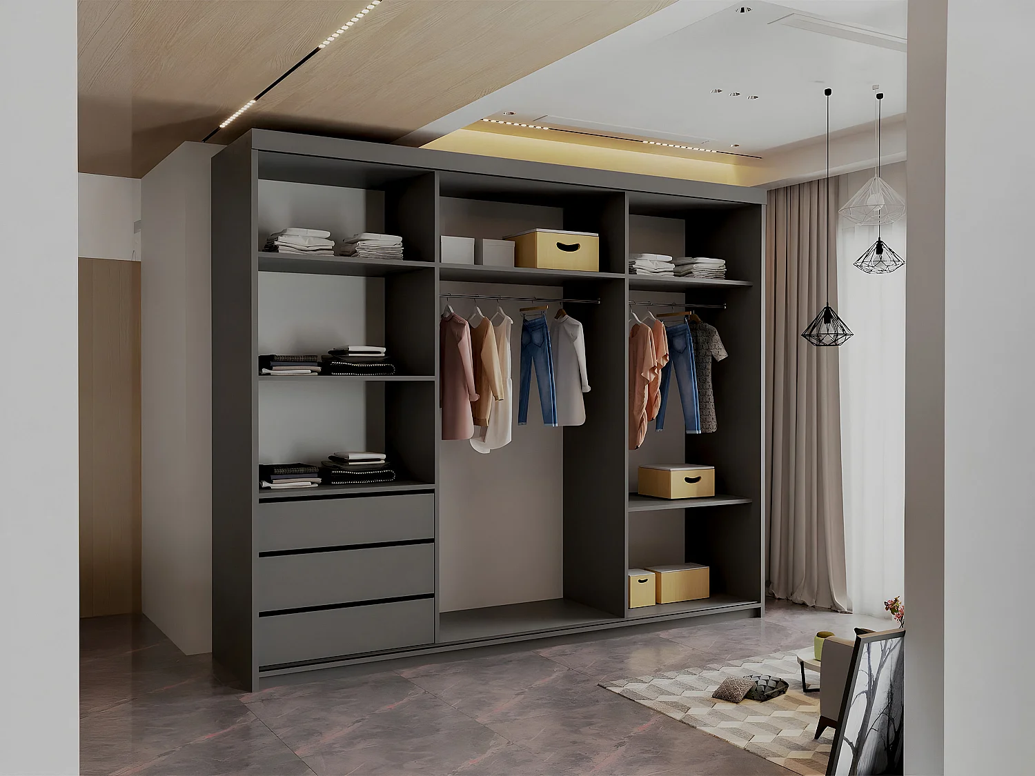Sliding Mirrored Door Wardrobe - 250cm grey - Royal