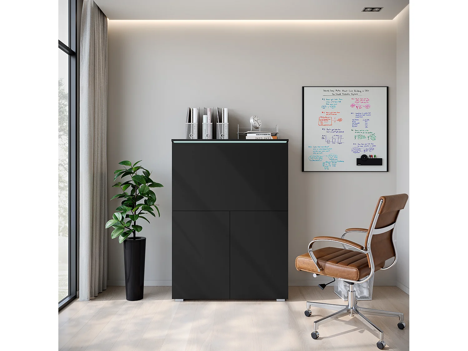 Moderne sekretær/skrivebord med LED-belysning, sort grafit