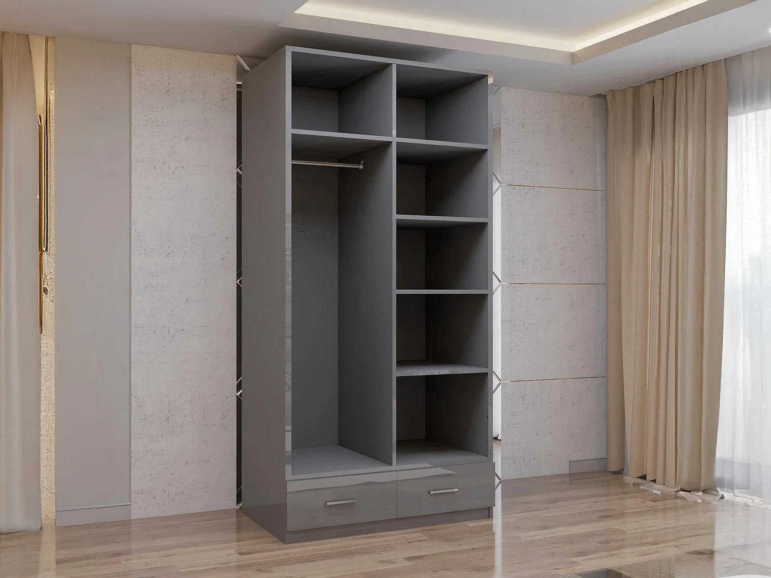 High Gloss Mirrored Wardrobe with Drawers - 90cm Grey - Valencia