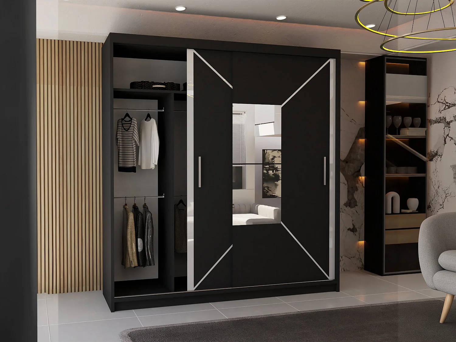 Sliding Wardrobe with Mirror Door - 203cm black - Stylish
