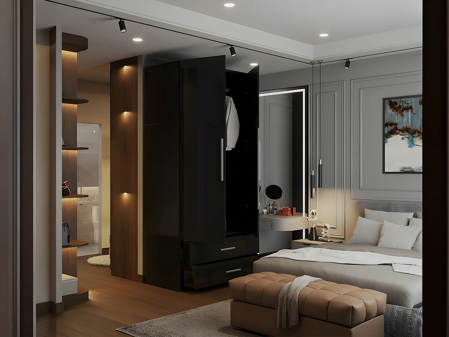 High Gloss Mirrored Wardrobe with Drawers - 80cm Black - Valencia