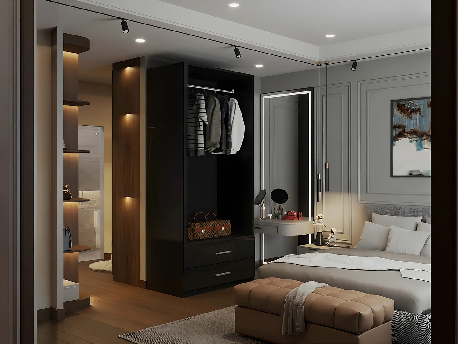 High Gloss Mirrored Wardrobe with Drawers - 80cm Black - Valencia