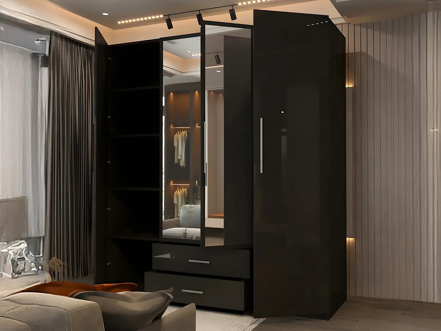 High Gloss Mirrored Wardrobe with Drawers - 160cm black - Valencia