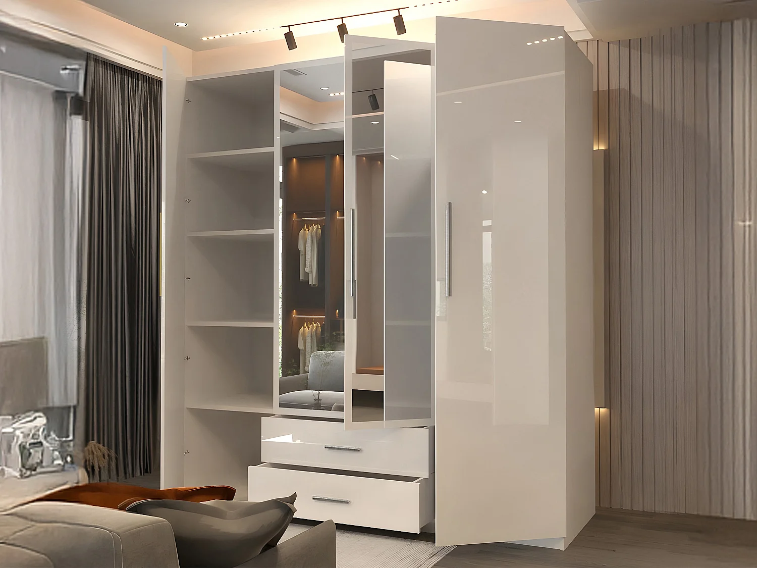High Gloss Mirrored Wardrobe with Drawers - 160cm white - Valencia