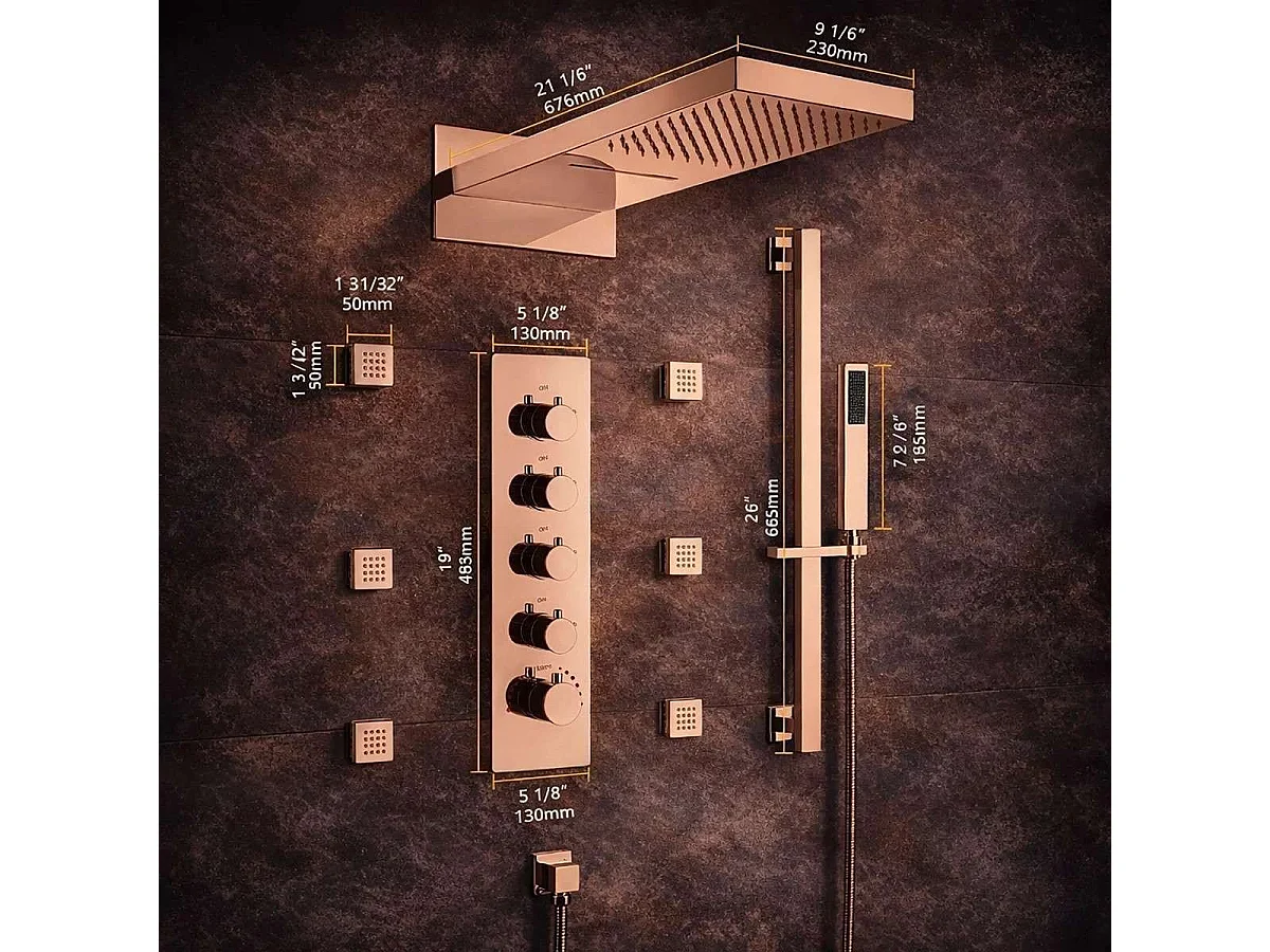 Thermostatischer Regenfall-Wandmontierte Duschkopf mit Bluetooth und Musikfunktion | Cherbourg Roségold-Finish
