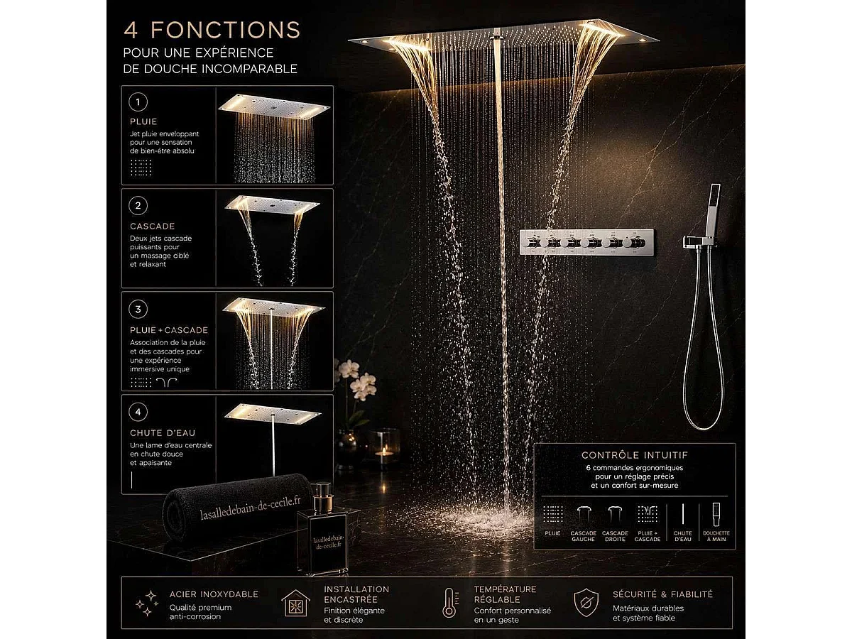 Topale LED Regenduschkopf 700 x 380 mm mit Thermostatmischer | Modernes Design
