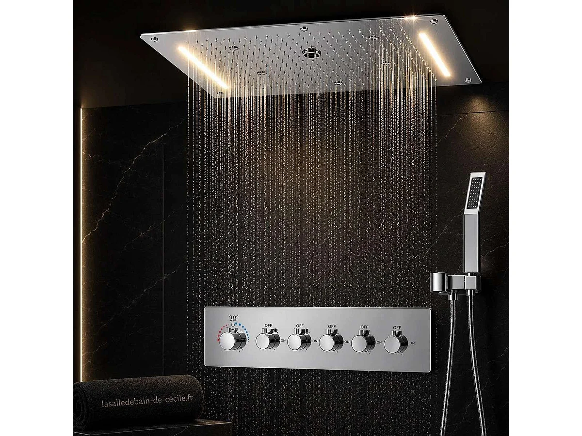 Topale LED Regenduschkopf 700 x 380 mm mit Thermostatmischer | Modernes Design