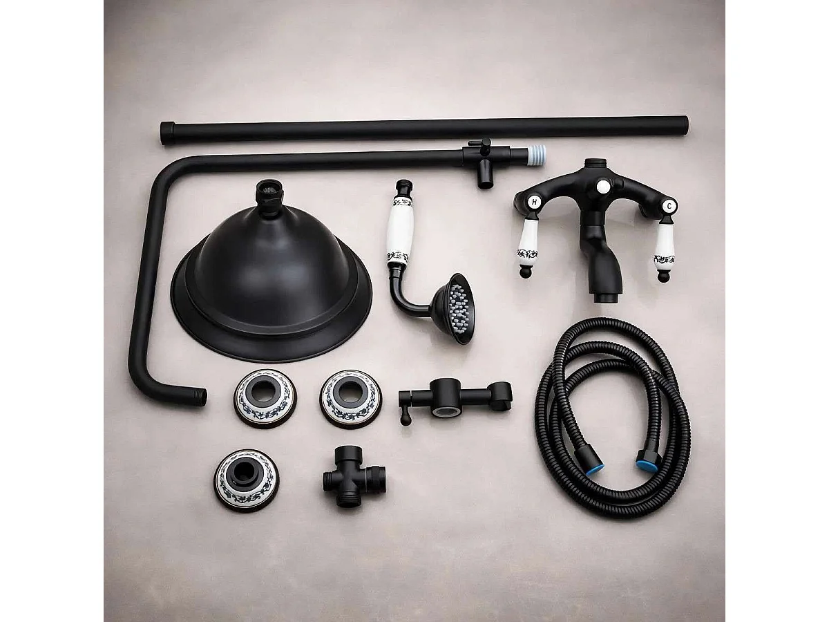 Colonna Doccia e Vasca Stile Retrò Nera con Altezza Regolabile (25 cm)
