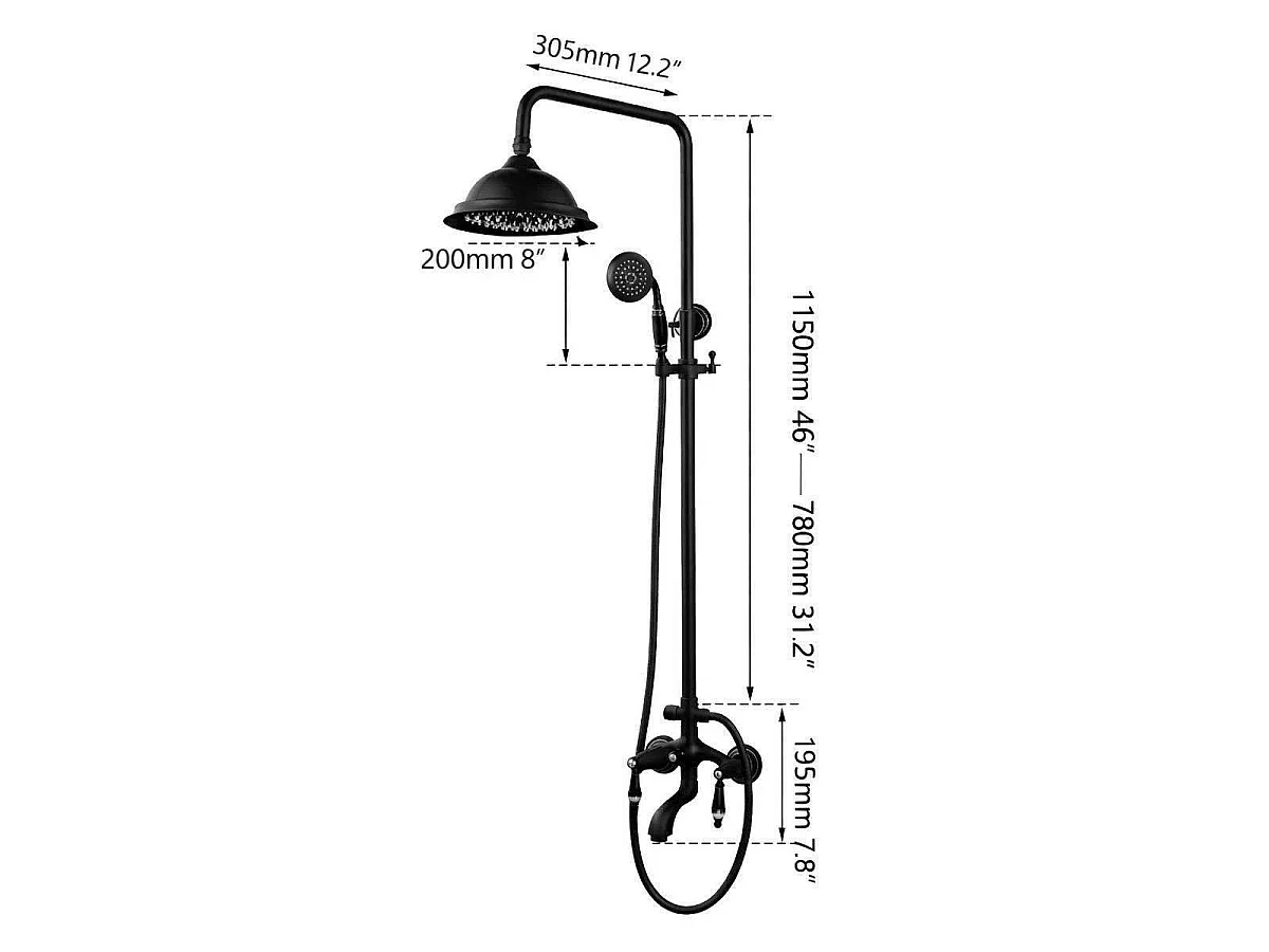 Colonna Doccia e Vasca Stile Retrò Nera con Altezza Regolabile (25 cm)