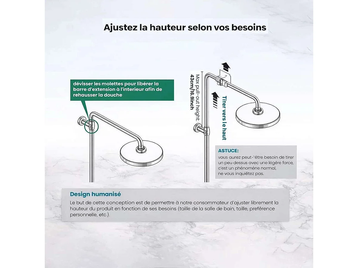 Colonna doccia moderna in nickel spazzolato con altezza regolabile e soffione a pioggia