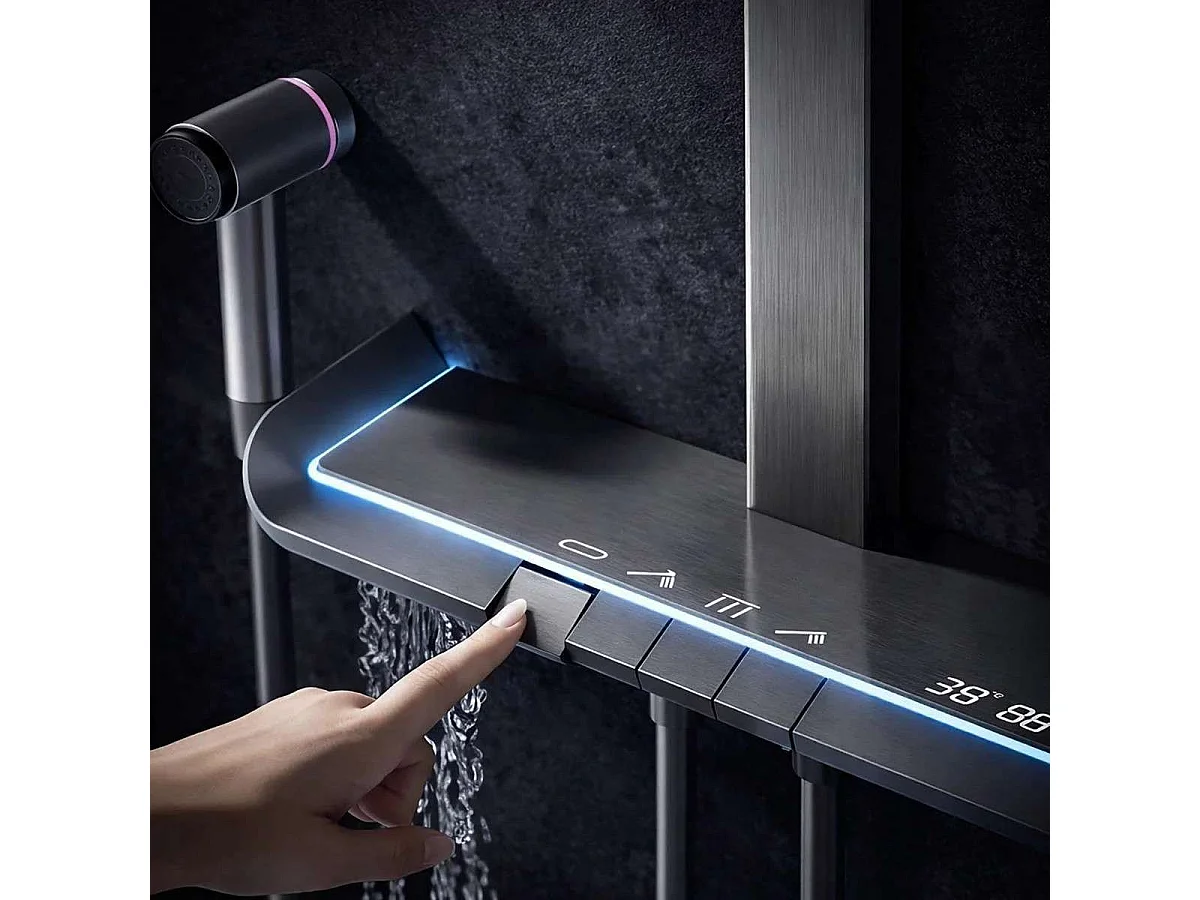Schwarze LED Thermostatische Duschsäule Brakio mit 4 Funktionen und Digitalem Display
