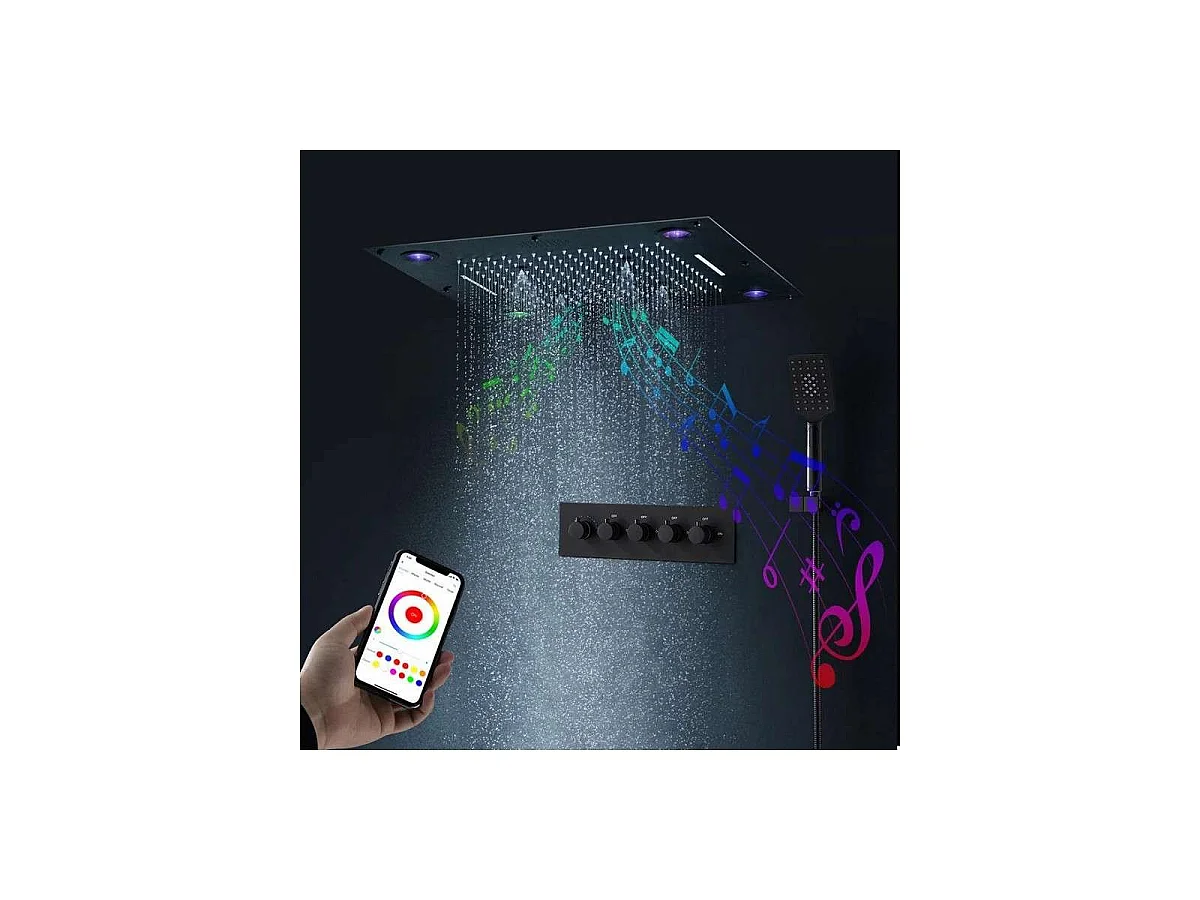 Moderne schwarze matte Regenduschkopf 600 x 600 mm LED Thermostat-Mischer | Reno